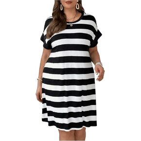 Verdusa Women's Plus Size Striped Short Dresses Dolman Sleeve Round Neck T Shirt Dress