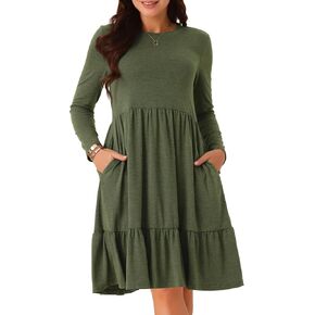Seta T Women's Casual Long Sleeve Tiered Round Neck Beach Vacation Loose A- Line Swing Dress with Pockets