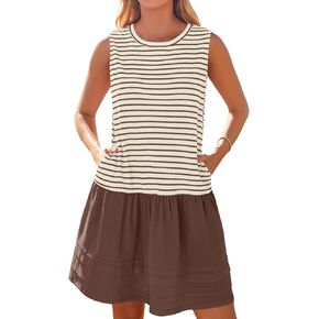 MEROKEETY Women's Summer Sleeveless Tank Dress Casual Striped Patchwork Mini Sundress with Pockets