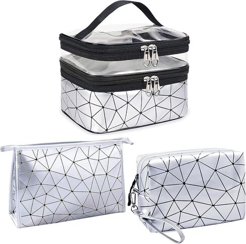 Travel Makeup Bag Organizer, Waterproofing Toiletry Bag Set, Skincare Bag with 2 Cosmetic Bags for Women (Silver) in Saudi Arabia