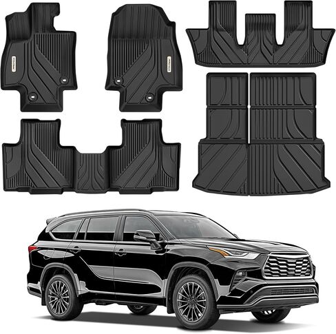 YITAMOTOR Upgraded Floor Mats Fit for Toyota Grand Highlander 2024-2025 7 Seats with Subwoofer (Include Hybrid), Custom Fit 3 Row Cargo & Liner Set, All-Weather TPE Full Set Trunk Mats, Black in Kuwait
