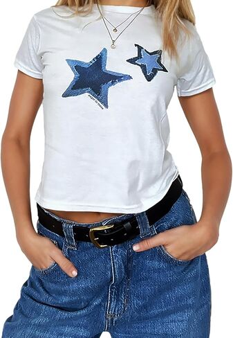 Xineicy Y2K Crop Tops for Women Star Print Tees Vintage Baby Tee Short Sleeve Summer Tops in Saudi Arabia