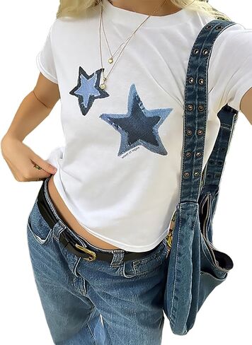 Xineicy Y2K Crop Tops for Women Star Print Tees Vintage Baby Tee Short Sleeve Summer Tops in Saudi Arabia
