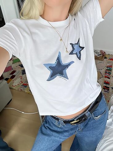 Xineicy Y2K Crop Tops for Women Star Print Tees Vintage Baby Tee Short Sleeve Summer Tops in Saudi Arabia