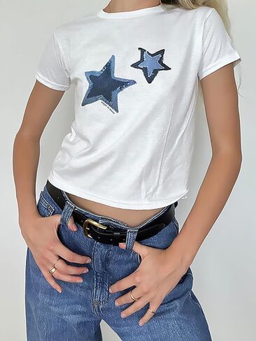 Xineicy Y2K Crop Tops for Women Star Print Tees Vintage Baby Tee Short Sleeve Summer Tops in Saudi Arabia