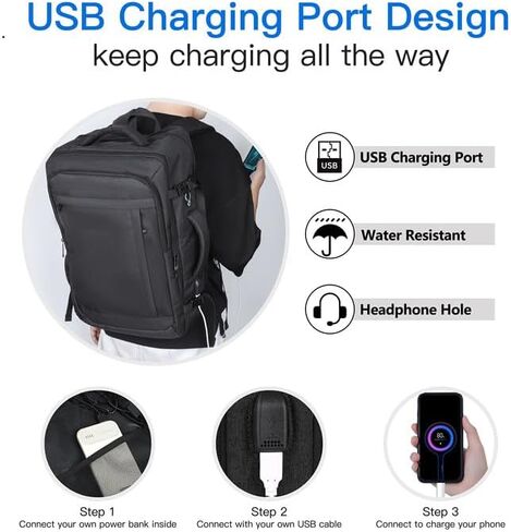 BLIKECH حقيبة ظهر كبيرة جدًا للسفر، حقيبة ظهر مع منفذ شحن USB وجيب مضاد للسرقة، حقيبة ظهر للكمبيوتر المحمول مقاس 17.3 بوصة معتمدة من TSA، حقيبة سفر 50 لتر للمشي لمسافات طويلة في عطلة نهاية الأسبوع، أسود in Saudi Arabia
