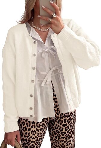 ThCreasa Womens Open Front Cardigan Sweaters Button Down Long Sleeve Casual Crew Neck Solid Knit Cardigans Outerwear in Saudi Arabia
