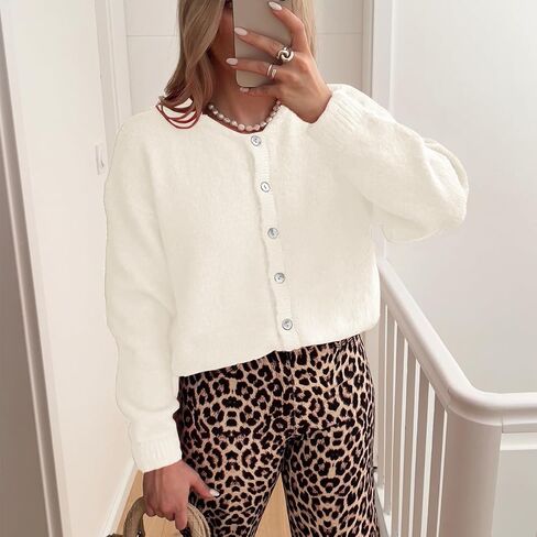 ThCreasa Womens Open Front Cardigan Sweaters Button Down Long Sleeve Casual Crew Neck Solid Knit Cardigans Outerwear in Saudi Arabia