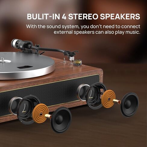 Seasonlife® All-in-One Record Player with 4 Speakers & Bluetooth, Brown | Belt-Drive Vinyl Player, AT3600L Magneti Cartridge, Built-in 4 Speakers, Adjustable Counterweight,Auto-Stop,RCA/AUX Output in Saudi Arabia
