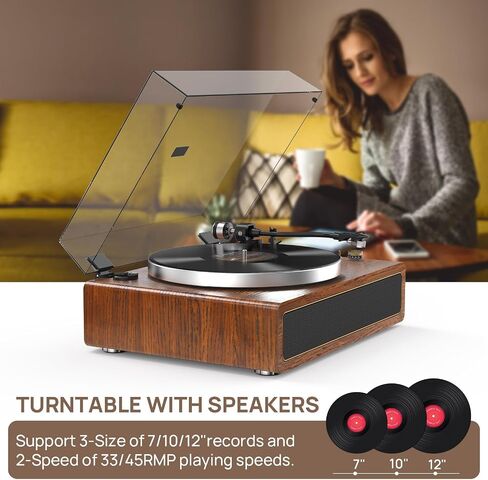 Seasonlife® All-in-One Record Player with 4 Speakers & Bluetooth, Brown | Belt-Drive Vinyl Player, AT3600L Magneti Cartridge, Built-in 4 Speakers, Adjustable Counterweight,Auto-Stop,RCA/AUX Output in Saudi Arabia