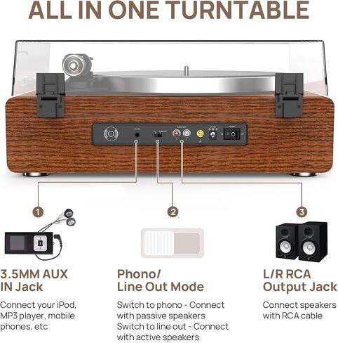 Seasonlife® All-in-One Record Player with 4 Speakers & Bluetooth, Brown | Belt-Drive Vinyl Player, AT3600L Magneti Cartridge, Built-in 4 Speakers, Adjustable Counterweight,Auto-Stop,RCA/AUX Output in Saudi Arabia