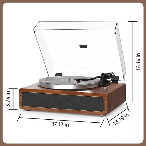 Seasonlife® All-in-One Record Player with 4 Speakers & Bluetooth, Brown | Belt-Drive Vinyl Player, AT3600L Magneti Cartridge, Built-in 4 Speakers, Adjustable Counterweight,Auto-Stop,RCA/AUX Output in Saudi Arabia