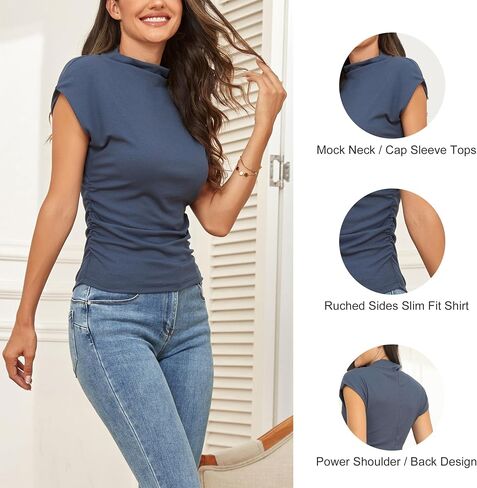 تي شيرت نسائي من Famulily برقبة وهمية وأكمام قصيرة تي شيرت مضلع ذو كتف قوي وجوانب مكشكشة مقاس نحيف تي شيرت أساسي غير رسمي in Kuwait