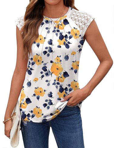 Zeagoo Women's Lace Cap Sleeve Tops Pleated Crewneck Summer Tank Tops 2025 Dressy Casual Sleeveless Shirts Blouse in Saudi Arabia