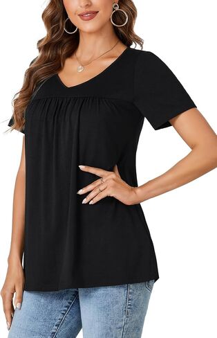 Vrtige Women's Tunic Top Casual V Neck Short Sleeve Loose Fit Summer Shirt Blouse in Saudi Arabia