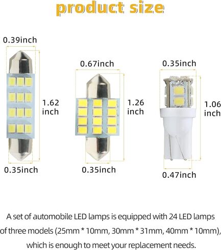 YAKEFLY 24 Pieces Car Led Bulb,Dome Light LED Car Bulb Kit Set,Car Led Combination Set,LED Interior Replacement Bulbs,Used for Car Interior Lights,Indoor Map Dome Lights(White) in Saudi Arabia