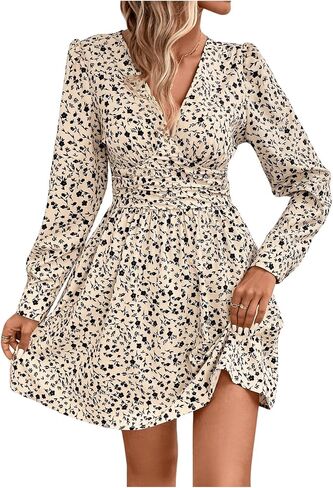 MakeMeChic Women's Floral Long Sleeve Dresses V Neck Ruched Shirred A Line Flare Mini Dress in Saudi Arabia