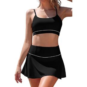SHEKINI Womens Tummy Control Bikini Sets Scoop Neck Bathing Suit High Waisted Swim Skirt