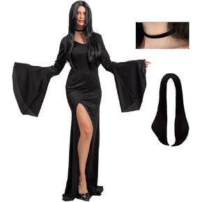 Women's Vintage Gothic Long Dress With Choker Wings Witch Style Black Dress Halloween Family Cosplay Costume