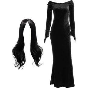 Sureio Morticia Addam Costume Women Dress Halloween Witch Costume V Neck Long Sleeve Bodycon Dress Black Wig Addam Cosplay