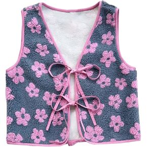 Women's Y2K Floral Vest Fuzzy Bow Tie Front Jacket Vest Fleece Cardigan Vest V Neck Sleeveless Waistcoat Outerwear