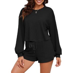 Womens 2 Piece Outfits Short Sets Long Sleeve and Shorts Mathing Set Cozy Knit Lounge Set with Pockets