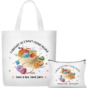 Canvas Crochet Tote Bag for Women - 2 Pcs Aesthetic Cosmetic Pouch Tote Bags, Yarn Pattern Fun Quote Design Knitting Gifts for Crochet Lovers, Reusable Grocery Bags