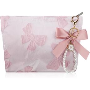 Reginary 2 Pcs Coquette Pink Makeup Bag Pearl Bow Wristlet Keychain Set Canvas Preppy Cosmetic Bag Aesthetic Cute Zipper Pouch Travel Toiletry Bag Coquette Gift Accessories for Women(Bow)