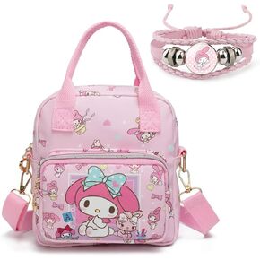 Kawaii Kitty Friends PU Crossbody Bag with Handles Adjustable Shoulder Strap and Bracelet, Cartoon Handbag with Zipper, Wallet Purse Shoulder Messenger Bag Coin Pouch Accessories for Women Girls