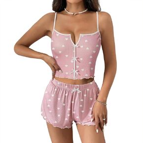 Komorebi Cute Pajamas Sets for Women Summer Bow Front Cami Top and Shorts Sleeveless Heart Patterned Sets Sleepwear