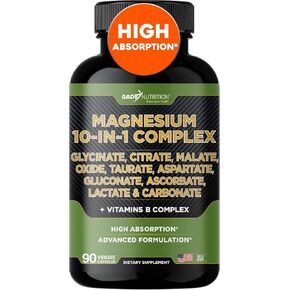 Magnesium Complex 10 in 1 with Magnesium Glycinate, Citrate, Malate, Oxide, Taurate, Aspartate, Gluconate Ascorbate Lactate Carbonate Zinc Copper Manganese & Vitamin C B1 B2 B6 B12 Complex, 90 Count