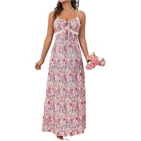 Milumia Women's Floral Lace Trim Cami Maxi Dress Tie Knot Summer Long Dresses