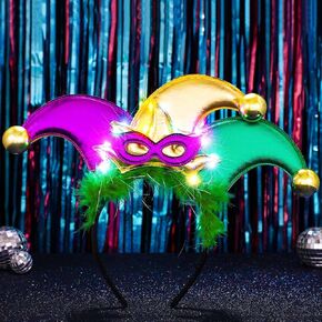 BARTOSI Light Up Mardi Gras Headbands LED Clown Headband Jester Headpiece Carnival Custume Hair Accessories for Women