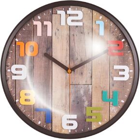 12" Wall Clock Silent Non-Ticking Colorful 3D Decorative Round Clock for Living Room, Bedroom and Office Battery Not Included- Brown