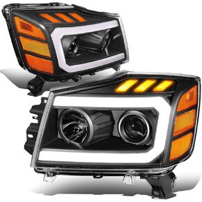 DNA MOTORING HL-HPL-NARN04-BK-AM Headlights 3D LED Light Bar Running Light Amber Turn Signal Compatible with 04-15 Nissan Titan 05-07 Armada