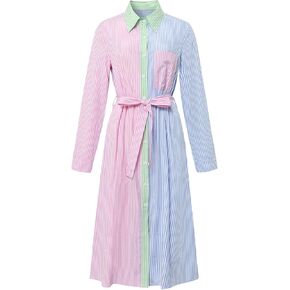 Women's Long Sleeve Button Striped Dresses Lapel Casual Loose Belted Shirt Dresses