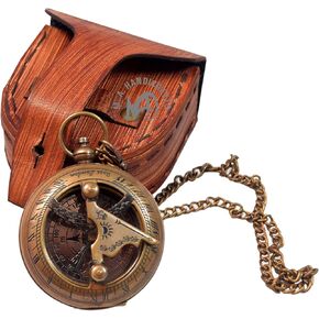 Nautical Antique Sundial Brass Compass with Beautiful Leather Case Personalized Engraving Compass Push Button Compass Pocket Compass Brass Decor Gift Item Antique Brass Compass Custom Working Compass