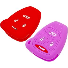 2Pcs Silicone Key Fob Cover Protector Keyless Jacket Remote Holder for Chrysler 200 300 PT Cruiser Dodge Charger Magnum Durango Jeep Grand Cherokee Commander Liberty, Red+Blue Buttons