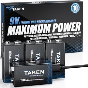 Taken 9 Volt Battery for Smoke Detector Fire Alarms, Lithium-ion USB 9V Rechargeable Batteries (8 Pack) with 4 in 1 Type-C Charging Cable
