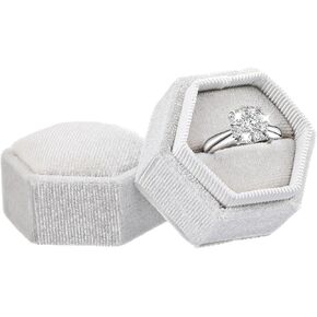 Velvet Ring Box with Detachable Lid, Premium Vintage Small Jewelry Ring Holder Box, Mini Hexagon Ring Gift Box for Wedding Ceremony Proposal Engagement (Beige, 1 Slot)