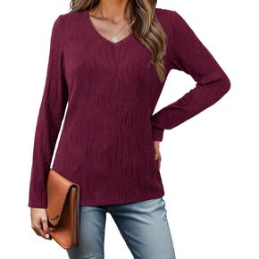 Beluring Womens V Neck Shirt Textured Knit Long Sleeve Top Trendy Casual Tee Blouses