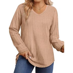 CARCOS Womens Plus Size Tops Basic Long Sleeve Knit Shirts V Neck Tunics Casual Cable T Shirt Loose Fit Fall Winter XL-5XL