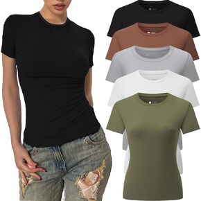 5 Pack Women's Crew Neck Ribbed Fitted Shirt Basic Short Sleeves Summer Bodycon Crop Tunics Going Out T Shirt Tops