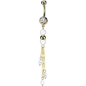 Pierced Owl 14GA 316L Stainless Steel Double Synthetic Pearls with Dangling Chains Belly Button Ring in Kuwait