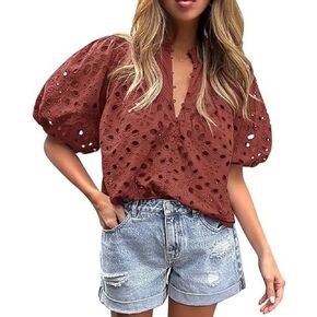 yoeasy Women's Lantern Short Sleeve V Neck Hollow Out Embroidered Blouse Buttons Eyelet Lace Shirts Tops