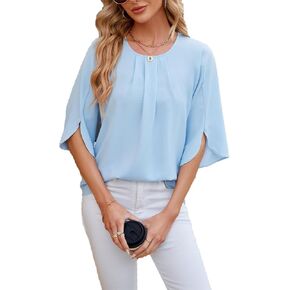 Women's Crewneck Summer Chiffon Blouse, 3/4 Sleeve Dressy Casual Shirt Top