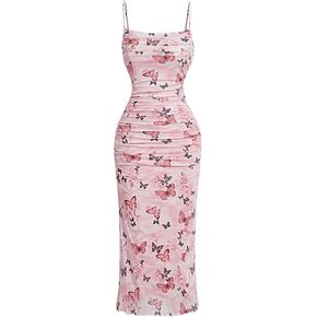 Verdusa Women's Butterfly Print Ruched Bodycon Dress Ruched Backless Cami Maxi Dress