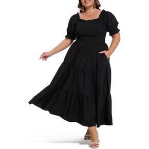 Women's Plus Size Casual Maxi Dress Square Neck Smocked Dress Short Puff Sleeve Floral Solid Summer Dress