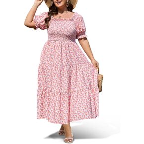 Women's Plus Size Casual Maxi Dress Square Neck Smocked Dress Short Puff Sleeve Floral Solid Summer Dress in Kuwait
