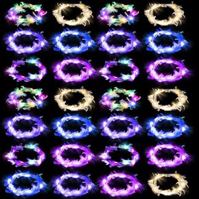Janinka 28 Pcs Feather Crown Headband - 6 Styles LED Light Up Hair Accessories with 3 Light Modes for Women Girls Wedding Festival Party